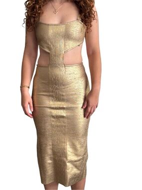 Gold Cutout dress - Metallic Bodycon bondage Pencil dress